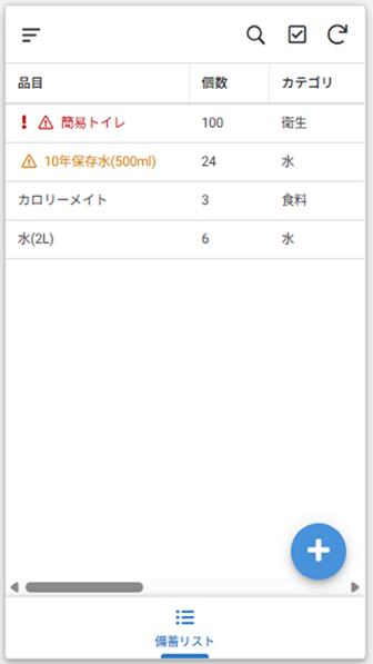 防災備蓄アプリの賞味期限切れ警告・色分け表示イメージ