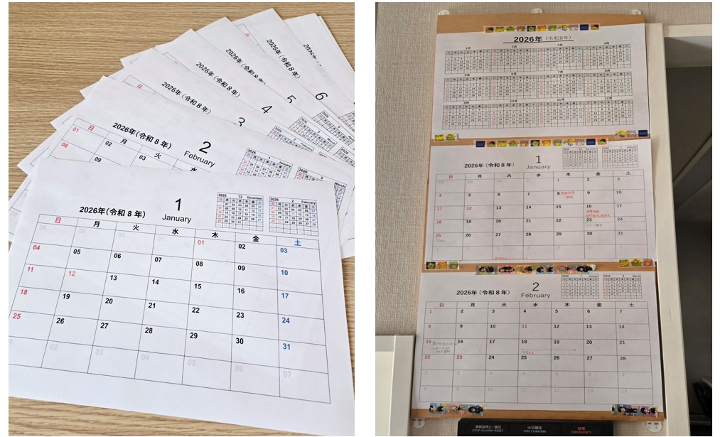 2026年スプレッドシートカレンダーを印刷して使っている様子。1ヶ月ごとに印刷して壁に貼り、家族の予定を書き込める
